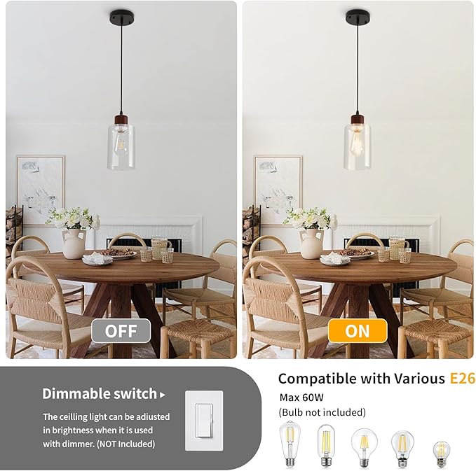 Modern Wood Pendant Lighting for Kitchen Island, Farmhouse Pendant Light Fixtures 2 Pack, Adjustable Hanging Ceiling Light with Clear Glass Shade
