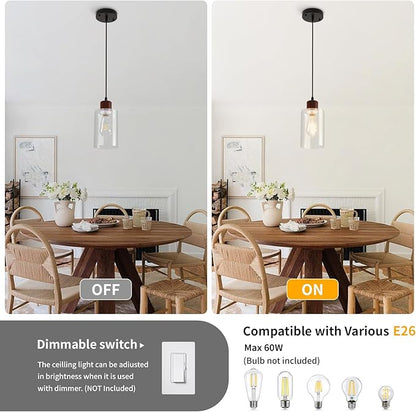 Modern Industrial Pendant Light, 3 Pack Mini Pendant Lighting with Clear Glass Shade, Adjustable Height, Rustic Wood Finish Ceiling Hanging Light Fixture for Kitchen Island Dining Room Bedroom