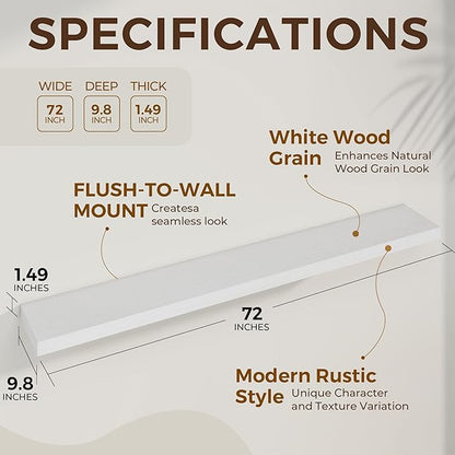 Dreamland 72 Inches Floating Shelves for Wall, 9.8" Deep Long Floating Shelves Set of 1, Large Display & Storage Shelf, Wall Shelf for Bathroom Bedroom Living Room Kitchen Office, White