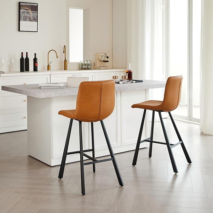 26" Counter Height Bar Stools Set of 2,Faux Leather Barstools with Ergonomic Backrest & Footrest, Sturdy Black Metal Frame PU Bar Chairs for Kitchen Island, Home Bar, Restaurant (Cognac)