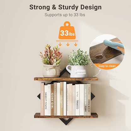 ELYKEN Floating Shelves for Wall, Set of 2 Hanging Shelves, 2-Tier Wall Mounted Storage Shelves for Books & Decor, Perfect for Living Room, Bedroom, Kitchen, Home Office, Study, Rustic Brown