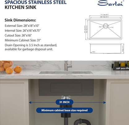 Sarlai 28 Kitchen Sink Undermount - 28 x 18 Inch Stainless Steel Kitchen Sink Undermount Ledge Workstation Deep Single Bowl 16 Gauge R10 Tight Radius Stainless Steel Sinks Basin