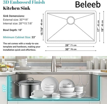 30" x 19" Kitchen Workstation Sink - 10" Deep Basin, 3D Embossed Undermount, Scratch Resistant Stainless Steel