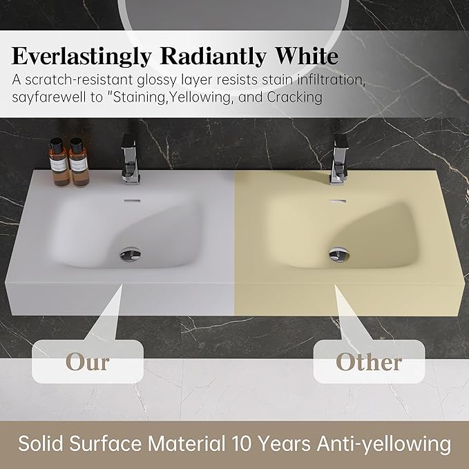 Wall Mount Double Bathroom Sink 47"L x 18"W x 5"H, Resin Stone Floating Sink with Facuet Holes, Rectangle Countertop Freestanding Vessel Sinks (Double Holes 47'')