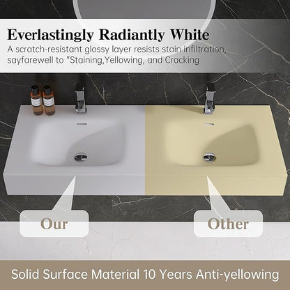 Wall Mount Double Bathroom Sink 47"L x 18"W x 5"H, Resin Stone Floating Sink with Facuet Holes, Rectangle Countertop Freestanding Vessel Sinks (Double Holes 47'')