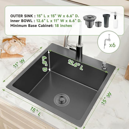 15 inch Drop In Bar Sink, 15x15" Single Bowl Topmount Stainless Steel Handmade 16 Gauge Top Counter for Wet Bar RV Outdoor Small Kitchen Sink Basin Black
