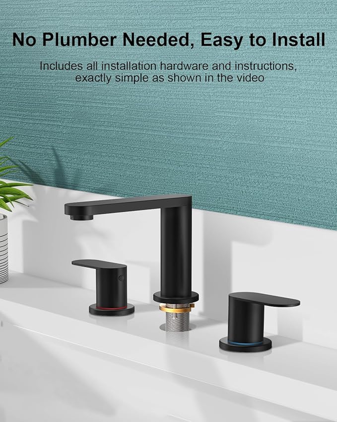 BWE Matte Black Bathroom Faucet 3 Hole - 8 Inch Widespread Bathroom Sink Faucet, Pop-up Drain and Supply Lines, 360° Swivel Spout 2-Handle Black Vanity Faucets for Bath