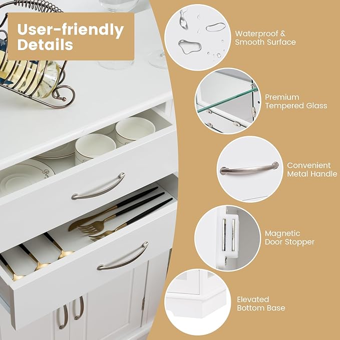 LOKO Modern Buffet Cabinet with Storage, Sideboard Credenza Cabinet with Two Drawers and Three Cabinets, Kitchen Buffet Storage Cabinet with Framed Tempered Glass Doors, 42 x 12 x 32 Inches (White)