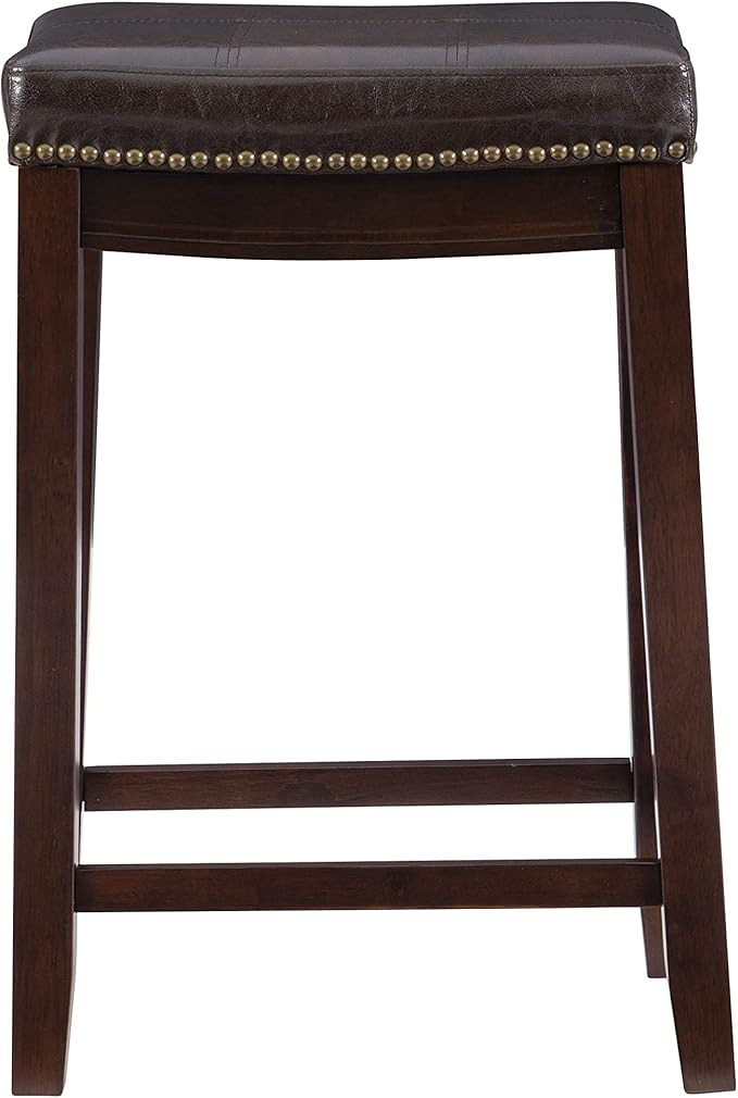 Linon Kingston Brown Wooden Backless 26.5 Inch Seat Height Counter Stool with Brown Faux Leather Upholstered Seat and Nailheads