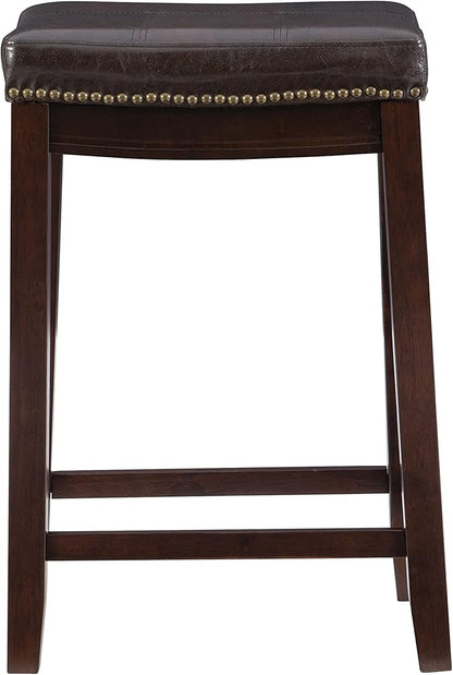 Linon Kingston Brown Wooden Backless 26.5 Inch Seat Height Counter Stool with Brown Faux Leather Upholstered Seat and Nailheads