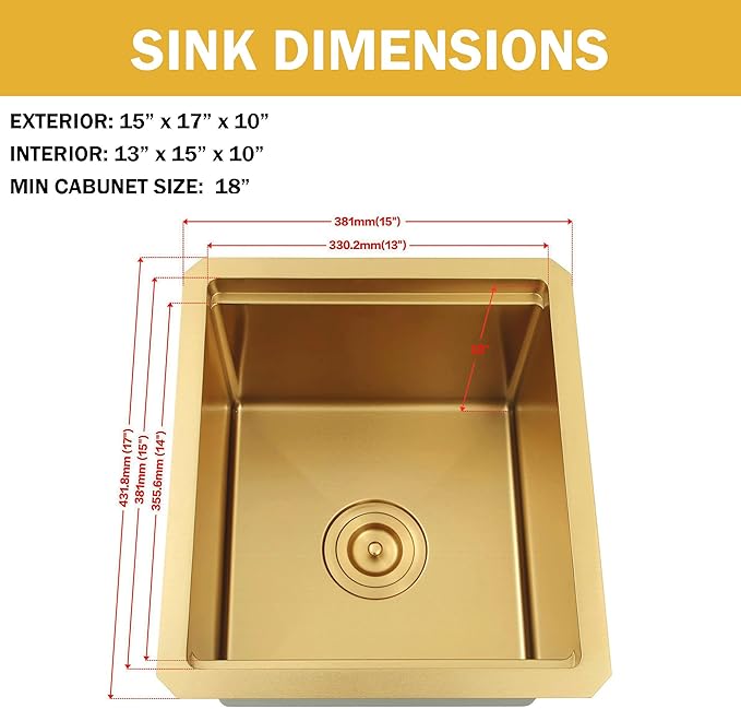 15 Inch Gold Sink Undermount, 16 Gauge 304 Stainless Steel Workstaion Kitchen Sinks with Ledge & Accessories, 15" x 17" x10" Deep Bowl For Outdoor, RV,Prep Sink, and Wet Bar