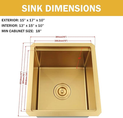 15 Inch Gold Sink Undermount, 16 Gauge 304 Stainless Steel Workstaion Kitchen Sinks with Ledge & Accessories, 15" x 17" x10" Deep Bowl For Outdoor, RV,Prep Sink, and Wet Bar
