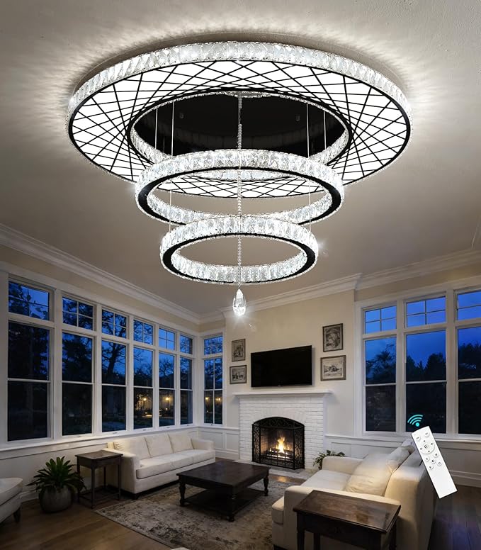 HAIXIANG Crystal Glam Chandelier LED Ceiling Light Living Room Lighting Fixtures Remote Dimmable Ceiling Chandeliers 40 Inches Large Light Black
