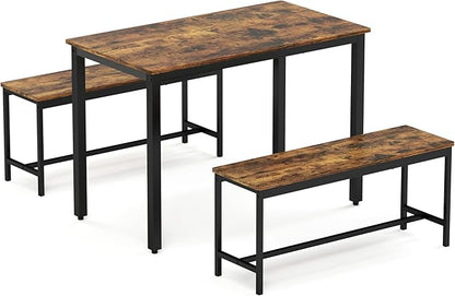 Industrial Style 3 PCS Kitchen Table Set, 43.3" L Dining Table with 2 Benches, Rustic Brown