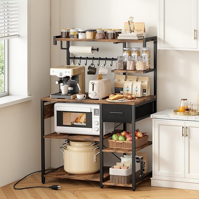 VEVOR Kitchen Bakers Rack with Power Outlets, 31.5 x 15.7 x 55.1 Inch Microwave Stand with Built-in Power Strip & 4.6 Ft Cord, 8 S-Shaped Hooks, for Dish Storage, Spice Jars, Coffee Bar Organization