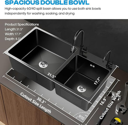 31" x 18" Black Double Bowl Kitchen Sink, Drop-in/Topmount Overmount Kitchen Sinks Basin with 304 Nano-Coated and Accessories