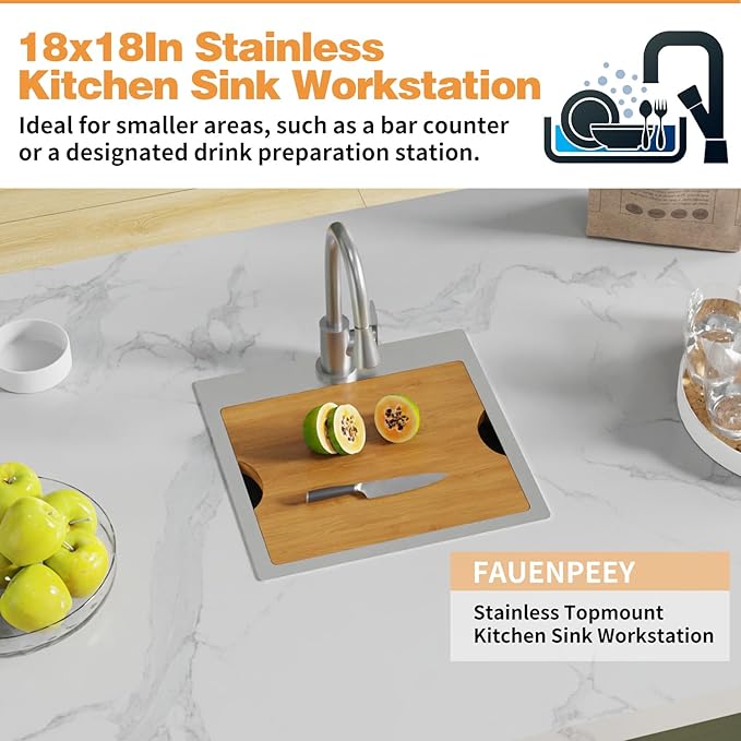 Kitchen Sink Workstation,18x18 In Stainless Steel Drop In Single Bowl Bar Sink Built-in Ledge Small Topmount Workstation Sink With Accessory-SS Grid Cutting Board,Silicon Mat,Drain Assembly