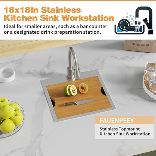 Kitchen Sink Workstation,18x18 In Stainless Steel Drop In Single Bowl Bar Sink Built-in Ledge Small Topmount Workstation Sink With Accessory-SS Grid Cutting Board,Silicon Mat,Drain Assembly