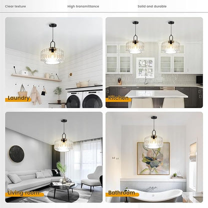 Large Glass Pendant Lights Kitchen Island Vintage Hanging Light Clear Striped Blown Shade Mid Century Modern Hanging Ceiling Lights with Black Finish Adjustable Cord for Dining Room