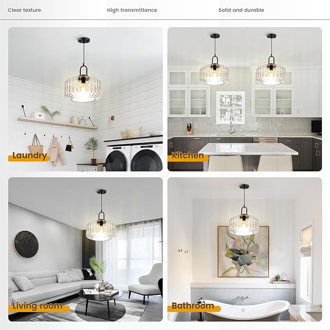 Glass Pendant Light Fixture Kitchen Island Farmhouse Modern Pendant Lights Striped Wave Clear Globe Lamp Shade Black Metal Light fixtures Dining Room Glass Ceiling Hanging Lighting