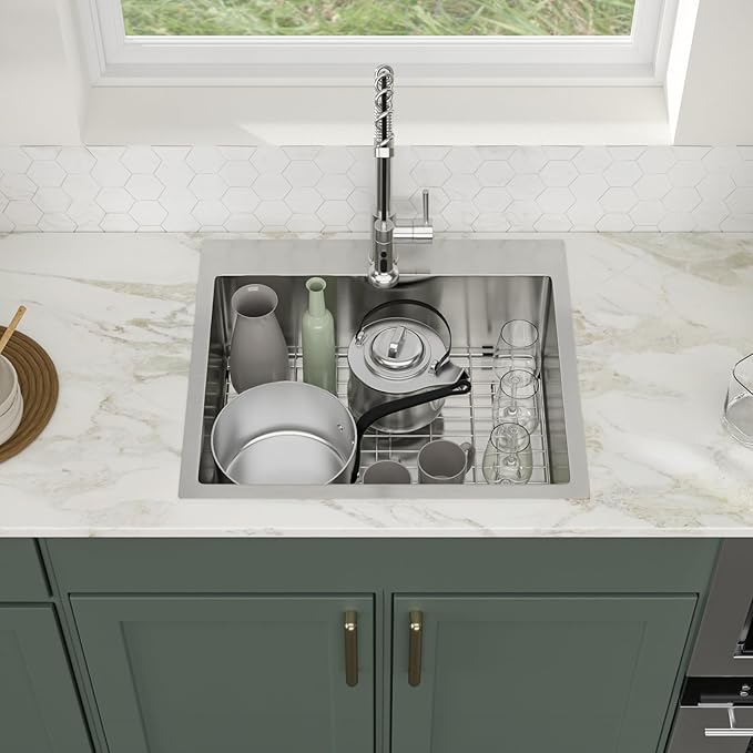 Logmey 25 Inch Drop In Kitchen Sink - 25x22 In Handmade Stainless Steel Kitchen Sinks 16 Gauge Topmount Sink Single Bowl Round Corner Sink Bar Sink Prep 25x22x9 Inches