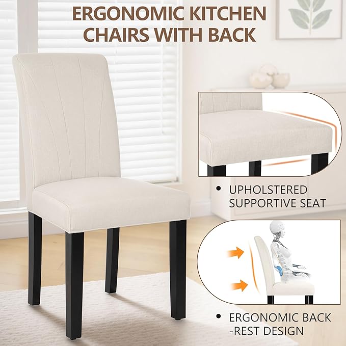 VECELO Upholstered Dining Chairs Set of 2, Modern Fabric and High Back & Solid Wood Legs, Parsons for Kitchen/Living Room- Beige