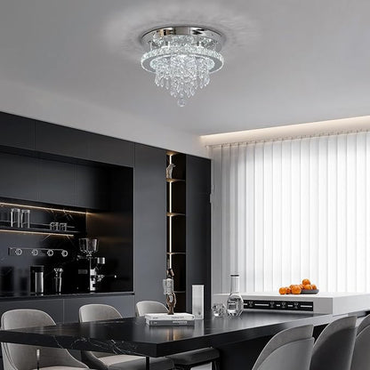Deckrico Modern Crystal Chandelier 11.8" LED Ceiling Light Chrome Flush Mount Lighting Fixture for Bedroom, Hallway, Kitchen, Dining Room – Cool White