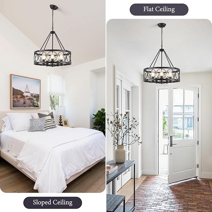 5-Light Farmhouse Chandelier for Dining Room Light Fixture,Modern Rustic Round Black Chandelier Over Table with Hanging Kitchen Drum Light Fixtures for Living Room Bedroom Entryway Foyer