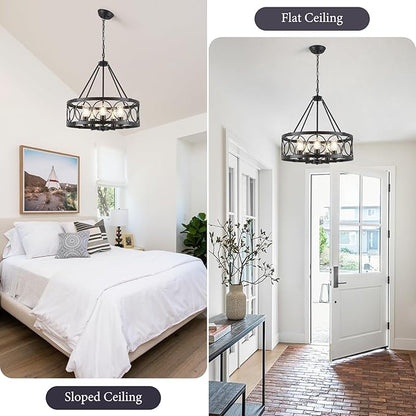 5-Light Farmhouse Chandelier for Dining Room Light Fixture,Modern Rustic Round Black Chandelier Over Table with Hanging Kitchen Drum Light Fixtures for Living Room Bedroom Entryway Foyer