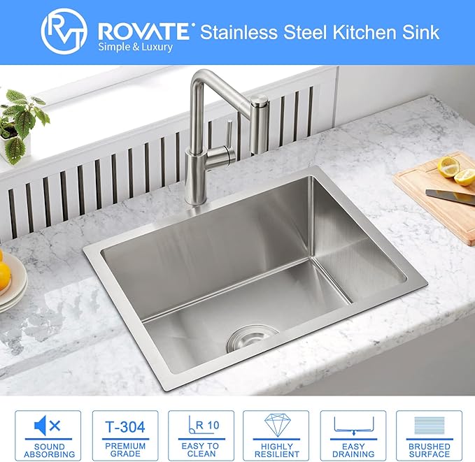 ROVATE 22 x 18 x 9 inch Kitchen Sink Undermount Single Bowl, 304 Stainless Steel Bar or Prep Kitchen Sink Handmade with Strainer
