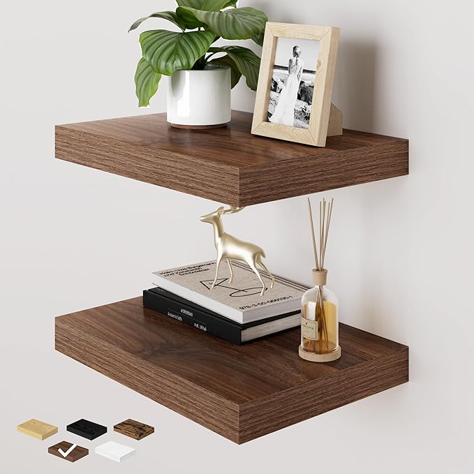 RICHFOCUS Deep Floating Shelves for Wall 2 Pack 12" D 16 Inch Wall Shelves for Room Wall|Wood Hanging Shelf with Invisible Brackets for Bathroom Bedroom Kitchen Laundry Room, Walnut