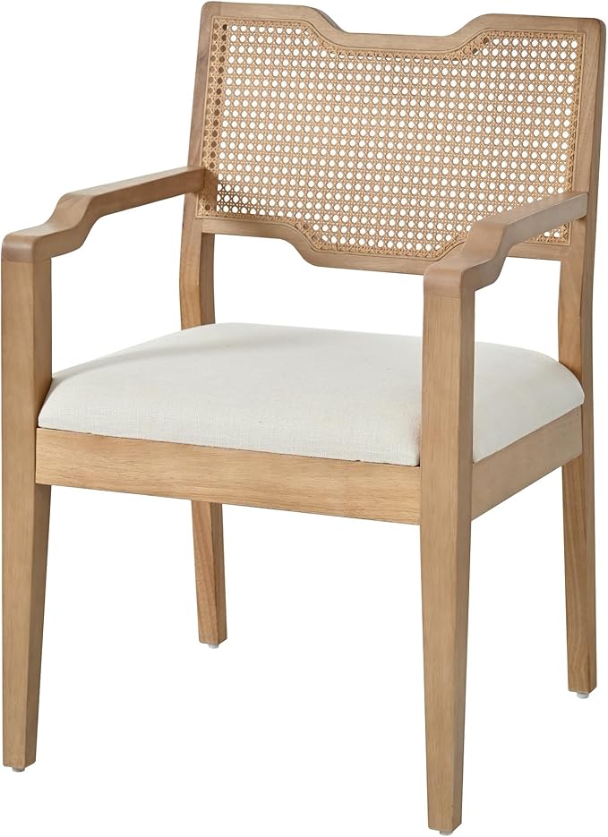 Christopher Knight Home 28" Farmhouse Barstools Set of 2, Upholstered Armchair Counter Stools with Natural Rattan Backrest, Solid Rubber Wood Dining Chairs for Kitchen Island Dining Room, Walnut+Beige