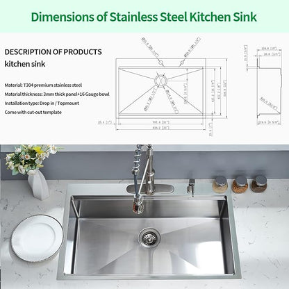 Kitchen Sink, 33 x 22 Drop in Kitchen Sink 16 Gauge Stainless Steel Kitchen Sinks Single Bowl Workstation Sink with Cutting Board