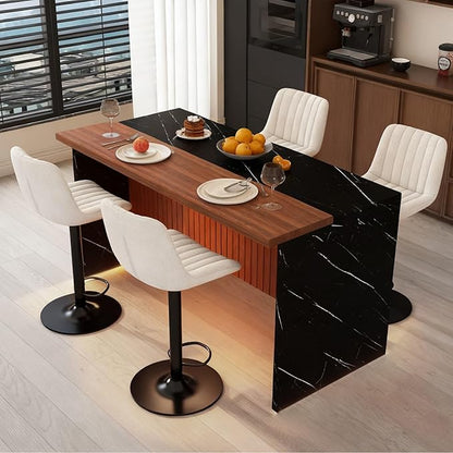 Donext 63 Inch Marble Kitchen Island Dining Sets with LED Lights, Mobile Kitchen Cart Breakfast Bar,4 Modern Bar Stools, MDF Countertop Table with Storage (Black+Beige)