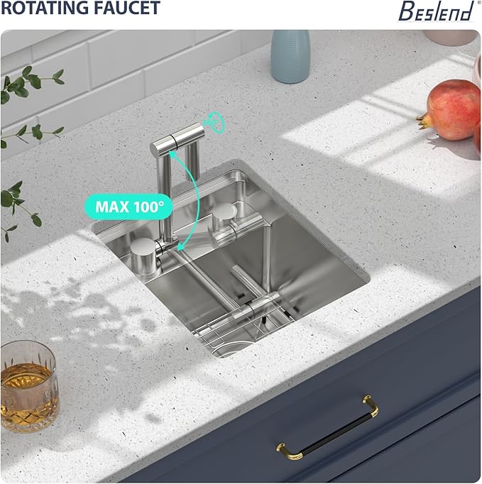 13 Inch Stainless Steel Outdoor Prep Sink - Beslend 16 Gauge Undermount Bar Sink with Folding Faucet & Cover, Waterproof for Indoor/Outdoor Kitchen, Grill Station, Poolside,13x15x9 In