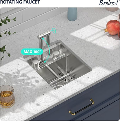 13 Inch Stainless Steel Outdoor Prep Sink - Beslend 16 Gauge Undermount Bar Sink with Folding Faucet & Cover, Waterproof for Indoor/Outdoor Kitchen, Grill Station, Poolside,13x15x9 In