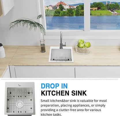 Kitchen & Bar Sink,15x17 Inch Bar Sink Stainless Steel Drop In Small Kitchen Sink Ideal Choice For Small Spaces Topmount Sink With Bottom Grid,Soap Mat And Drain Assembly Serve Both Kitchen And Bar