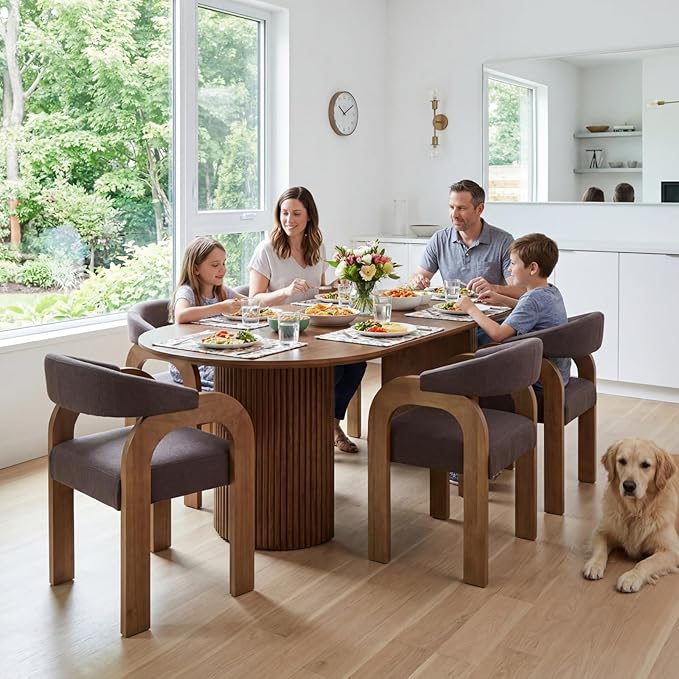 Farmhouse Dining Chairs Set of 6 - Upholstered Armchairs with Linen Cushions & Curved Wooden Arms, Barrel Wood Kitchen Chairs for Dining Room/Cafe/Kitchen Island (Espresso Brown)