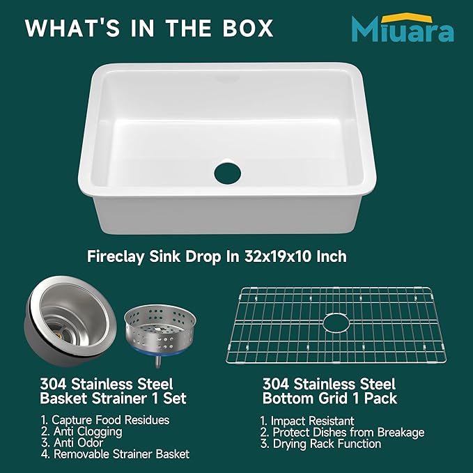 Miuara White Undermount Kitchen Sink 32 Inch - Large Topmount Fireclay Drop In Sink 32"x19"x10", Dual Mount Heavy Duty Deep Single Bowl, with 2 Custom Accessories, Glossy White, for Kitchen