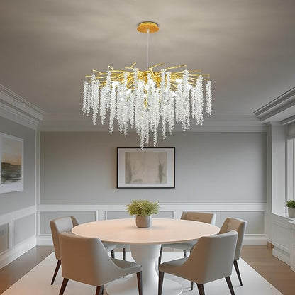Crystal Tree Branches Chandeliers Luxury Round Raindrop Pendant Light Fixture Ceiling Hanging Light for Dining Room Bedroom Living Room Entryway D31.5“ Gold