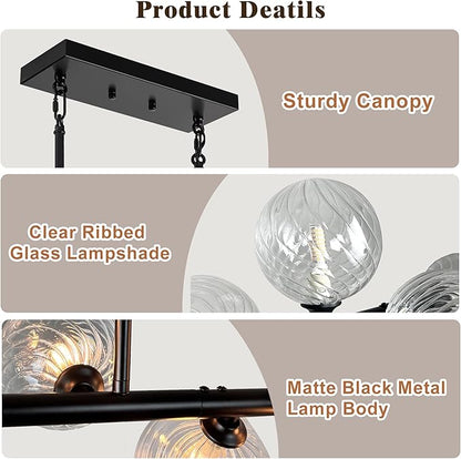 Linear Chandeliers for Dining Room, 51" Dining Room Light Fixture with Clear Swirled Glass Globe 11 Lights Black Sputnik Chandelier Bubble Large Chandelier Modern Farmhouse Island Light