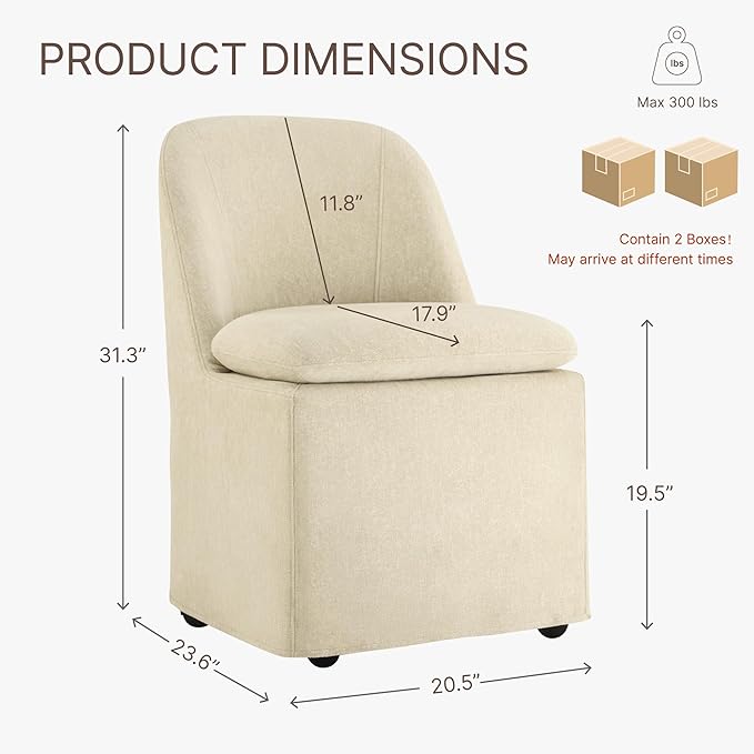 KISLOT Upholstered Dining Chairs Set of 4 with Casters, Modern Side Armless Deskchair with Washable Slipcover & Sturdy Metal Frame for Diningroom Bedroom Livingroom Reading Room, Sand Fabric