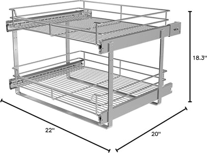 JOWBOOW 2-Tier Cabinet Pull Out Shelves (20" W x 22" D), Slide Out Shelves for Kitchen Cabinets, Metal Pots and Pans Organizer for Under Cabinet