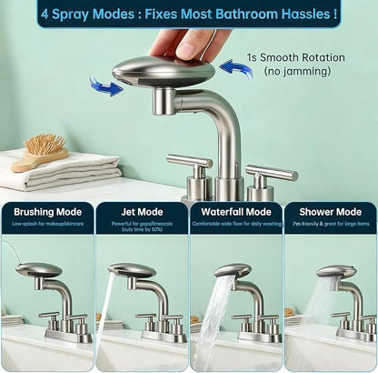 TUTEW Brushed Nickel Bathroom Sink Faucet，Modern 3 Hole Bathroom Faucet 2 Handle 4 Inch Centerset with 4 Water Outlet Modes, 360° Swivel Spout & Pop-Up Drain