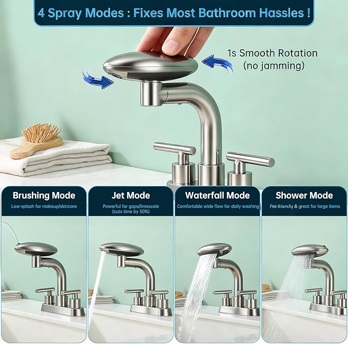 TUTEW Brushed Nickel Pull-Down Bathroom Faucet – 4-Inch Widespread 3-Hole Design, 360° Swivel Spout, 4 Spray Modes with Pop-Up Drain, Easy Install