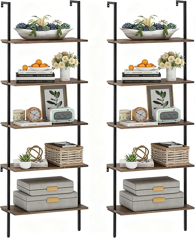 Wolawu 5 Tiers Ladder Shelf 2-Piece Black Modern Tall Bookshelf Open Large Tall Wall Mount Storage Bookcase Standing Leaning Wall Shelves Industrial Decorative (Brown)