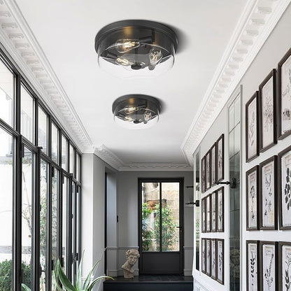 Flush Mount Ceiling Light with Clear Glass Shade, 3-Light Indoor Outdoor Farmhouse Lighting Flush Mount Lights for Kitchen Bedroom Porch Living Dining Room (Black)