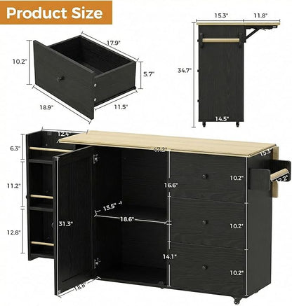 IRONCK Kitchen Island with Storage, 47.2in Rolling Island on Wheels, Kitchen Cart with Drop Leaf, 3 Spacious Drawers, Storage Cabinets and Towel Rack for Home, Dining Room