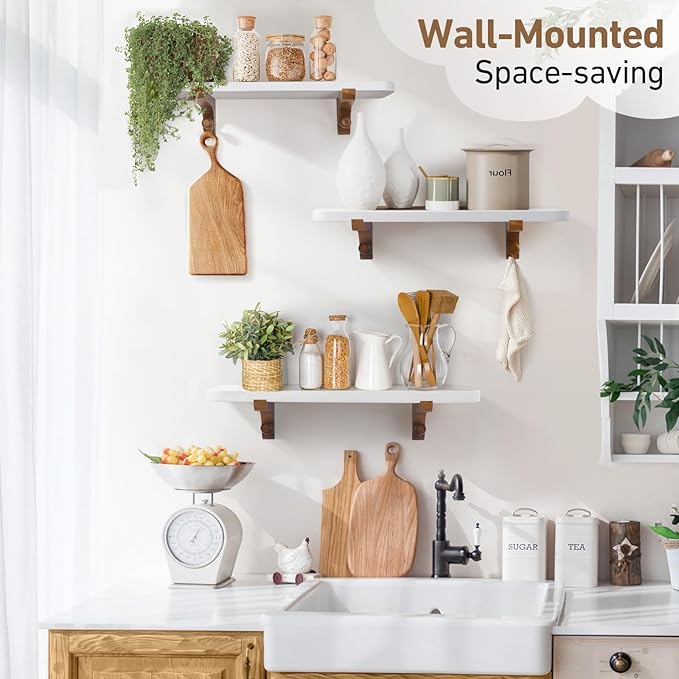 Wooden Floating Shelves for Wall, 15.7" W x 6" D x 0.6" H Large Wall Shelves, Hanging Storage Shelf with Hooks for Living Room, Kitchen, Bathroom, Bedroom Decor, Walnut, 3 Packs