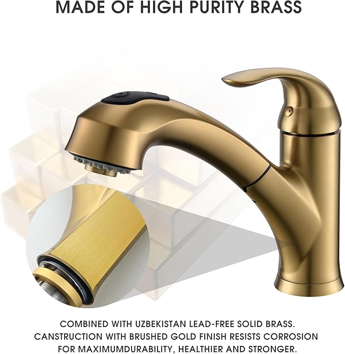 Gold Kitchen Faucet with Sprayer - Matte Brushed Gold Kitchen Sink Faucets with Pull Out Sprayer, Single Handle 1 Hole Faucet Solid Brass Commercial RV Faucets 2 Modes 150°Rotation No Lead